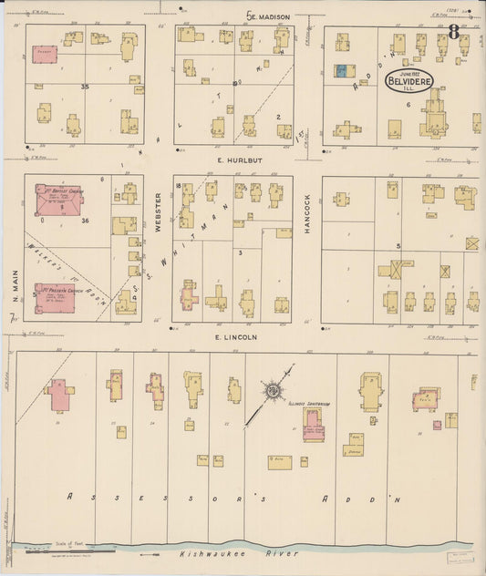 Sanborn Fire Insurance Map from Belvidere, Boone County, Illinois (1922), Sheet #0008 - Historic Sanborn Fire Insurance Map Print, vintage old map wall art, antique decor, genealogy gift, Illinois Illinois map