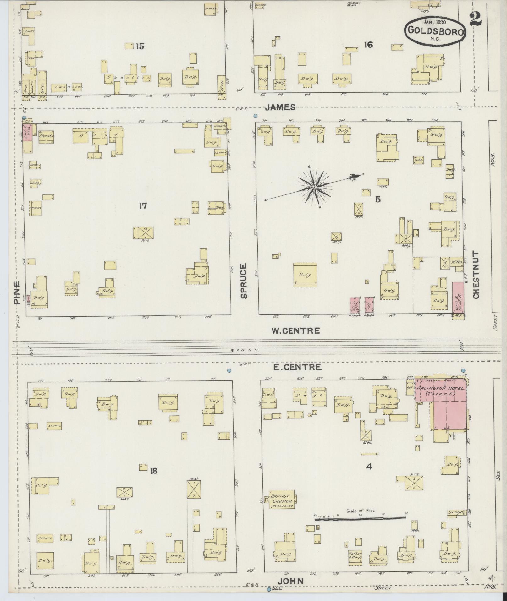 Sanborn Fire Insurance Map from Goldsboro, Wayne County, North Carolina (1891), Sheet #0002 - Historic Sanborn Fire Insurance Map Print, vintage old map wall art, antique decor, genealogy gift, North Carolina North Carolina map