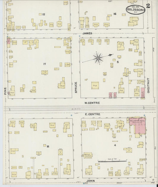 Sanborn Fire Insurance Map from Goldsboro, Wayne County, North Carolina (1891), Sheet #0002 - Historic Sanborn Fire Insurance Map Print, vintage old map wall art, antique decor, genealogy gift, North Carolina North Carolina map