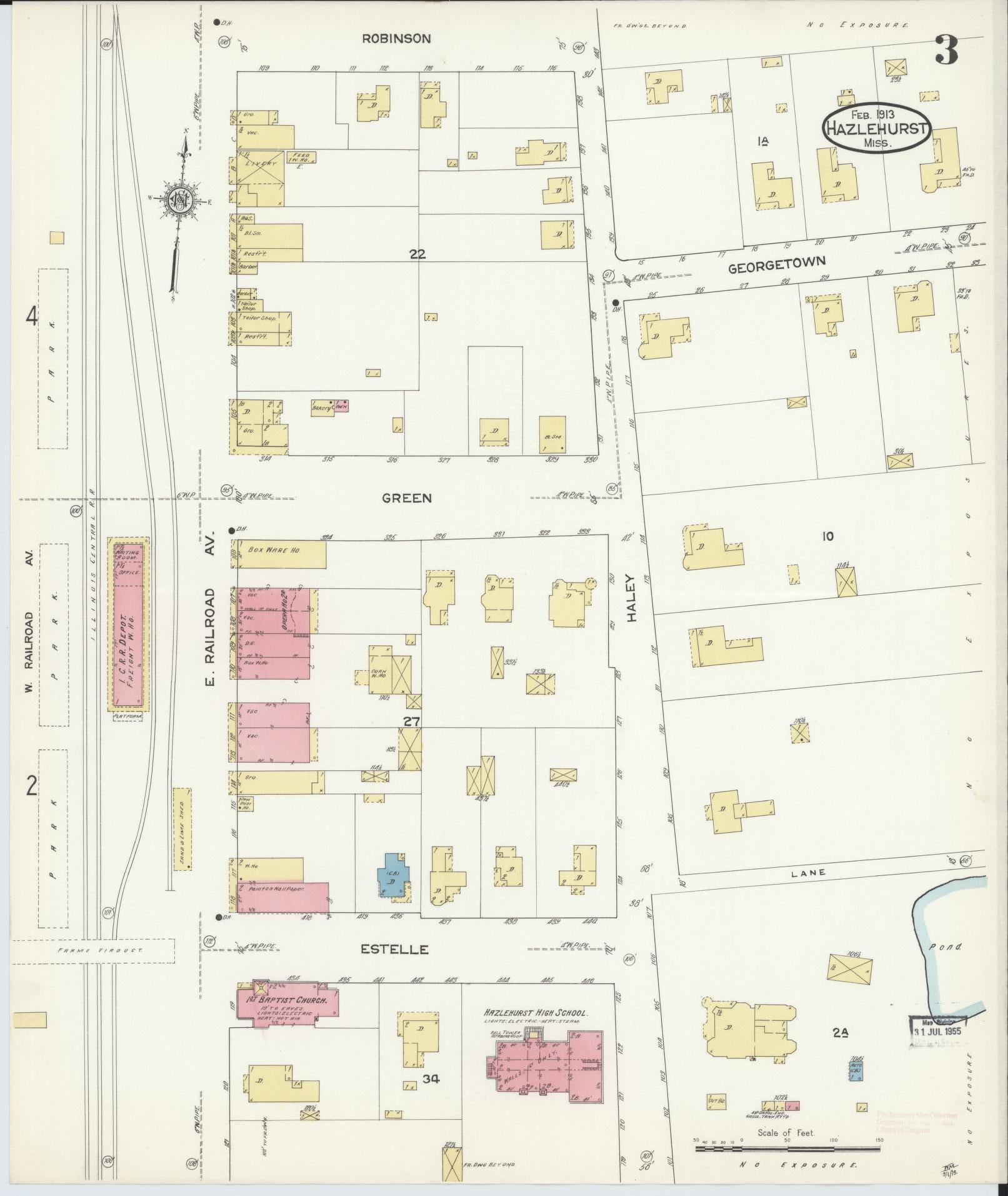 Sanborn Fire Insurance Map from Hazlehurst, Copiah County, Mississippi (1913), Sheet #0003 - Historic Sanborn Fire Insurance Map Print, vintage old map wall art, antique decor, genealogy gift, Mississippi Mississippi map