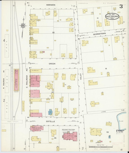 Sanborn Fire Insurance Map from Hazlehurst, Copiah County, Mississippi (1913), Sheet #0003 - Historic Sanborn Fire Insurance Map Print, vintage old map wall art, antique decor, genealogy gift, Mississippi Mississippi map