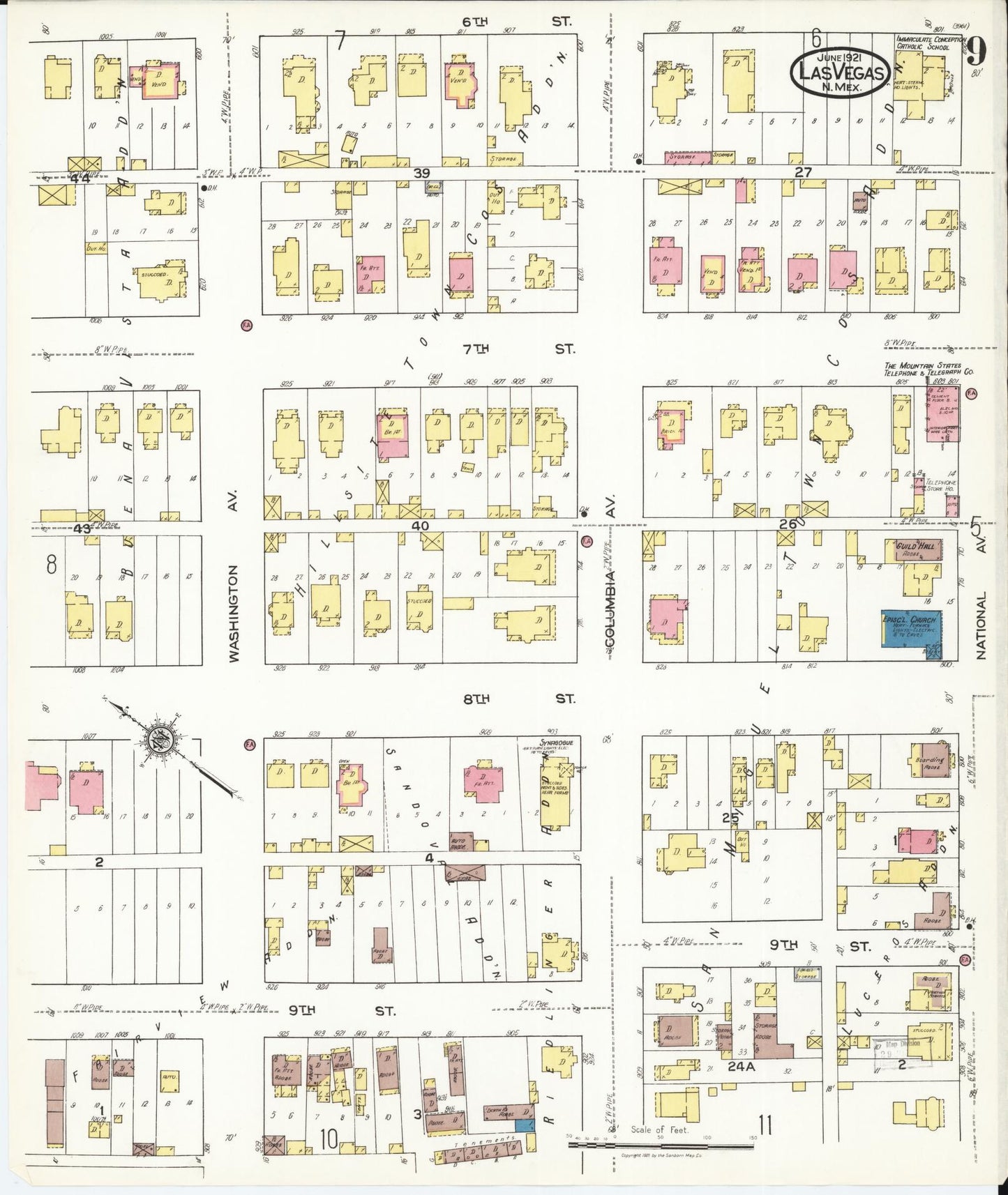 Sanborn Fire Insurance Map from Las Vegas, San Miguel County, New Mexico (1921), Sheet #0009 - Historic Sanborn Fire Insurance Map Print, vintage old map wall art, antique decor, genealogy gift, New Mexico New Mexico map