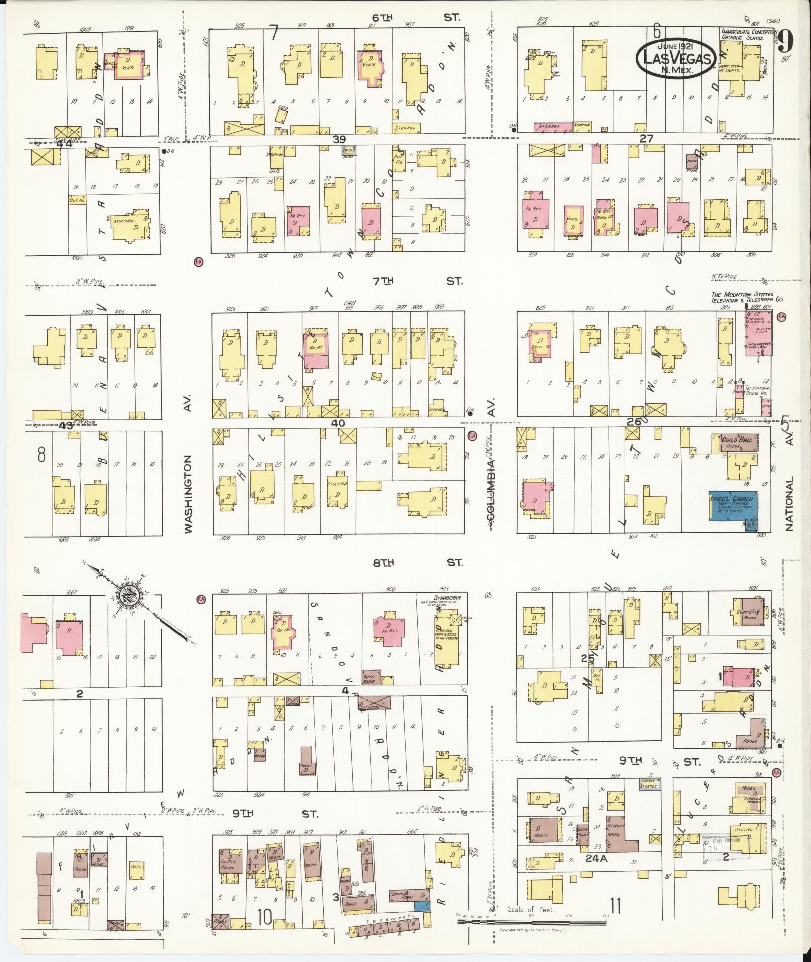 Sanborn Fire Insurance Map from Las Vegas, San Miguel County, New Mexico (1921), Sheet #0009 - Historic Sanborn Fire Insurance Map Print, vintage old map wall art, antique decor, genealogy gift, New Mexico New Mexico map