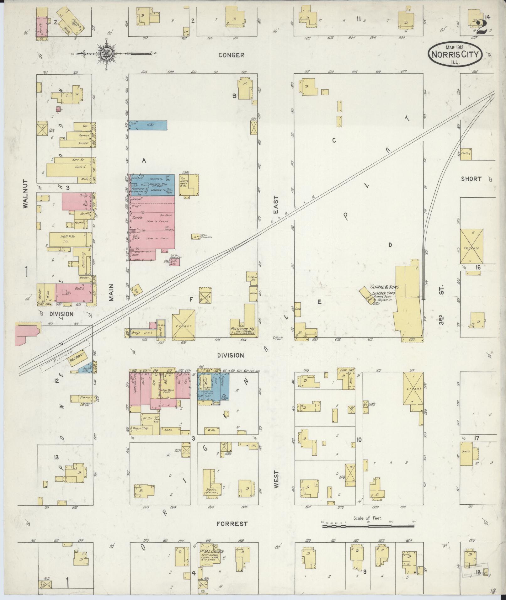 Sanborn Fire Insurance Map from Norris City, White County, Illinois (1912), Sheet #0002 - Complete Map Set gallery image, historic Sanborn map, vintage wall art, Illinois Illinois