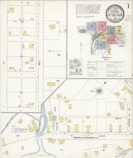 Sanborn Fire Insurance Map from Cottage Grove, Lane County, Oregon (1907), Sheet #0001 - Historic Sanborn Fire Insurance Map Print, vintage old map wall art, antique decor, genealogy gift, Oregon Oregon map