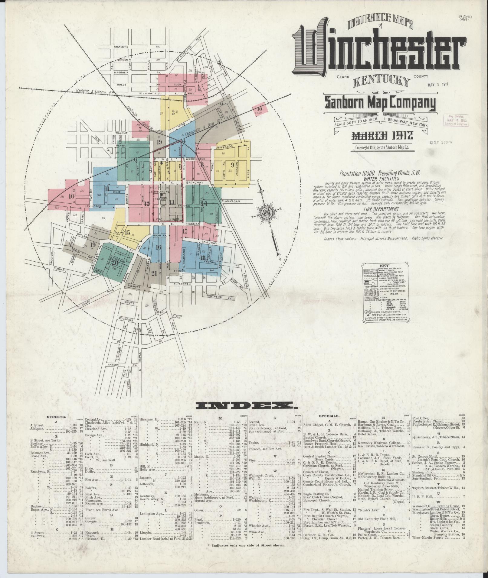 Sanborn Fire Insurance Map from Winchester, Clark County, Kentucky (1912), Sheet #0001 - Complete Map Set gallery image, historic Sanborn map, vintage wall art, Kentucky Kentucky