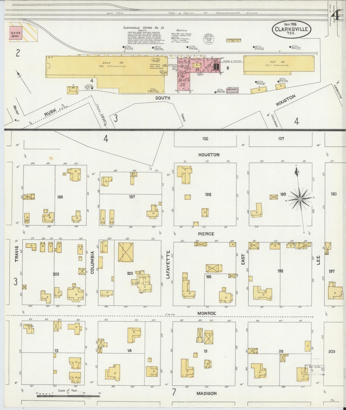 Sanborn Fire Insurance Map from Clarksville, Red River County, Texas (1906), Sheet #0004 - Complete Map Set gallery image, historic Sanborn map, vintage wall art, Texas Texas