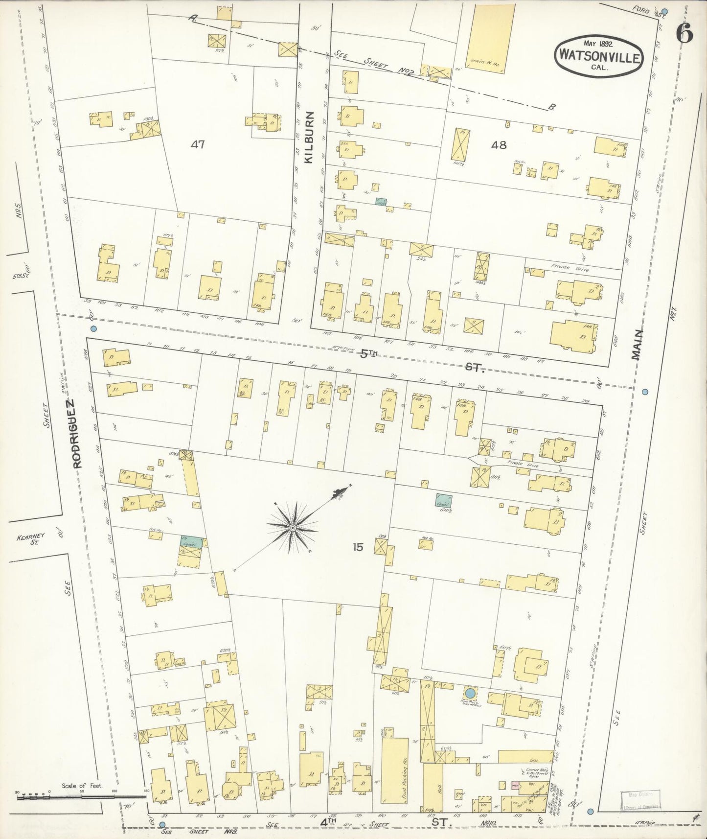 Sanborn Fire Insurance Map from Watsonville, Santa Cruz County, California (1892), Sheet #0006 - Complete Map Set gallery image, historic Sanborn map, vintage wall art, California California