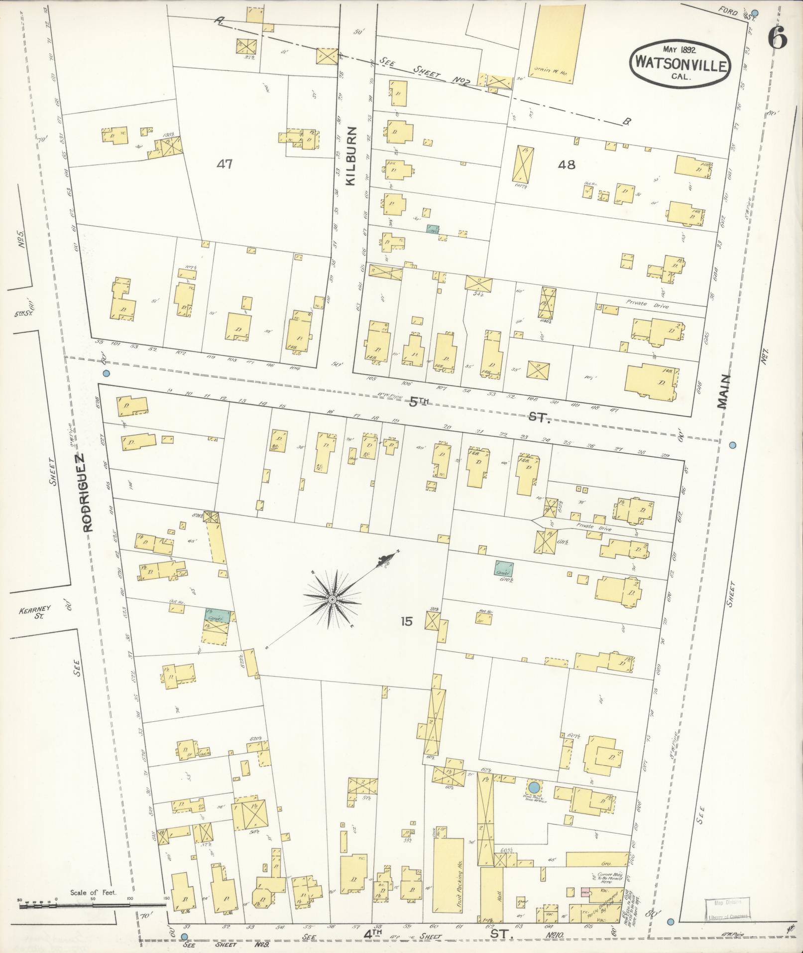 Sanborn Fire Insurance Map from Watsonville, Santa Cruz County, California (1892), Sheet #0006 - Complete Map Set gallery image, historic Sanborn map, vintage wall art, California California