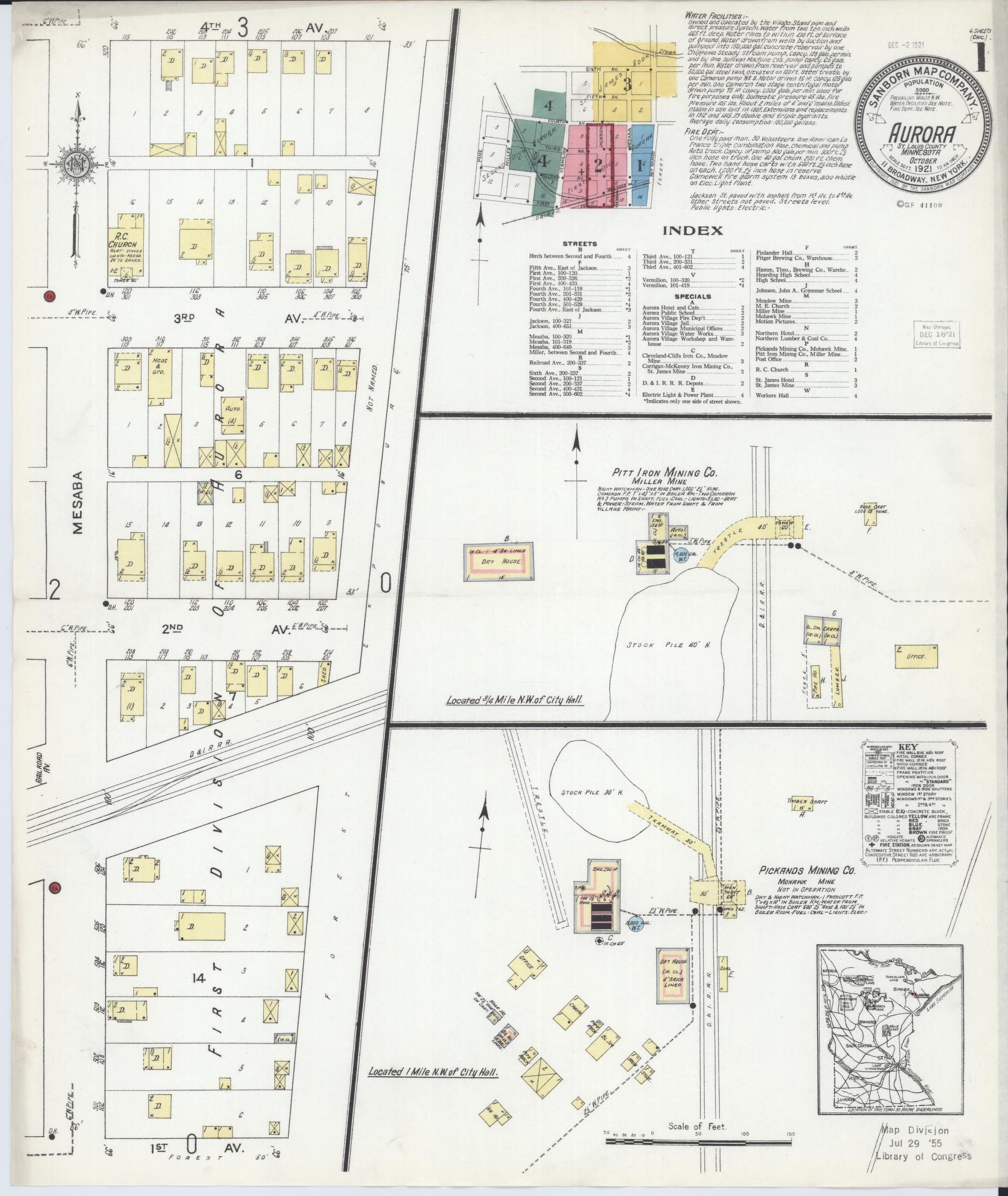 Sanborn Fire Insurance Map from Aurora, Saint Louis County, Minnesota (1921), Sheet #0001 - Complete Map Set gallery image, historic Sanborn map, vintage wall art, Minnesota Minnesota