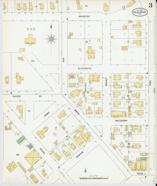 Sanborn Fire Insurance Map from Beaumont, Jefferson County, Texas (1899), Sheet #0003 - Historic Sanborn Fire Insurance Map Print, vintage old map wall art, antique decor, genealogy gift, Texas Texas map