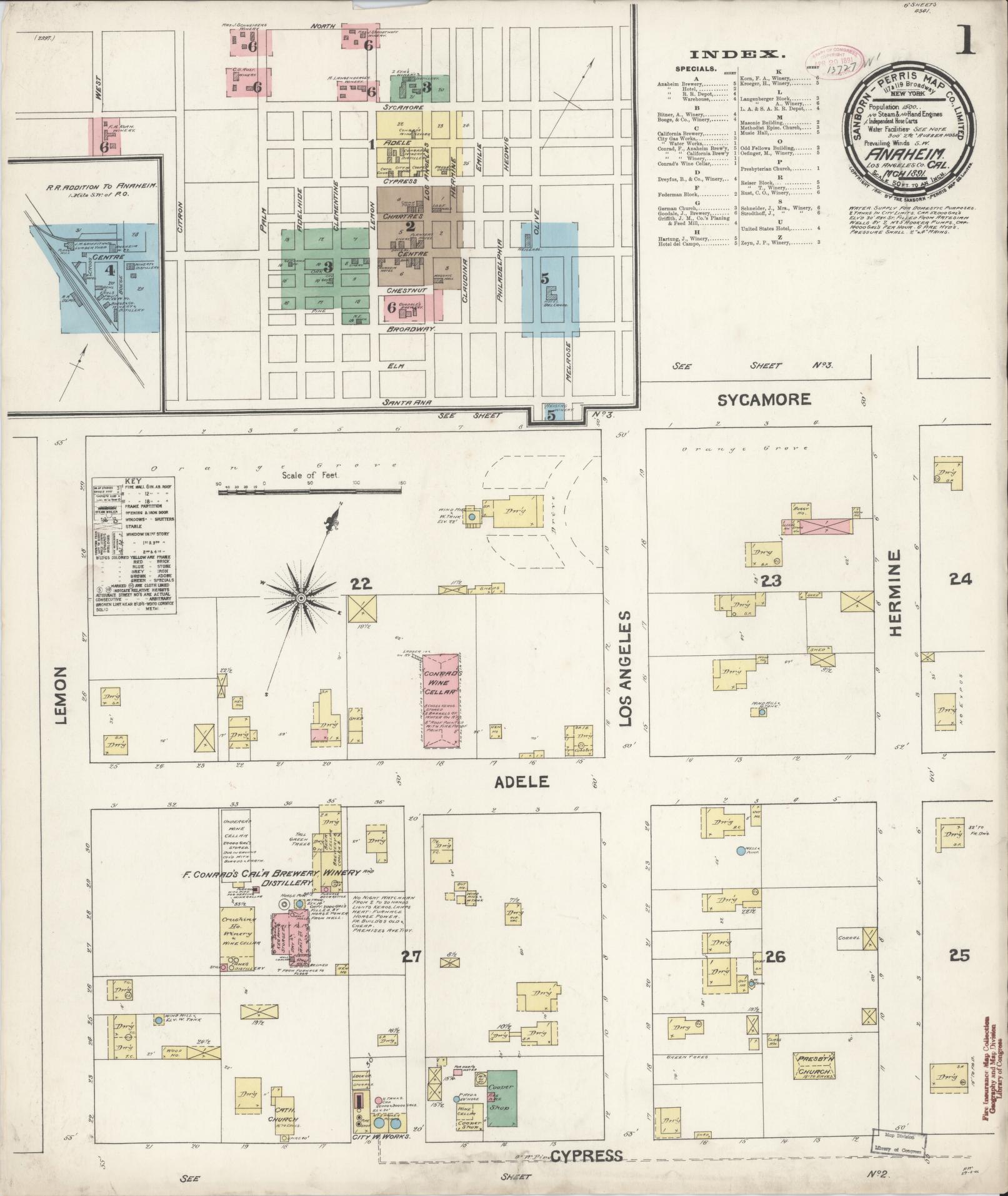 Sanborn Fire Insurance Map from Anaheim, Orange County, California (1891), Sheet #0001 - Historic Sanborn Fire Insurance Map Print, vintage old map wall art, antique decor, genealogy gift, California California map