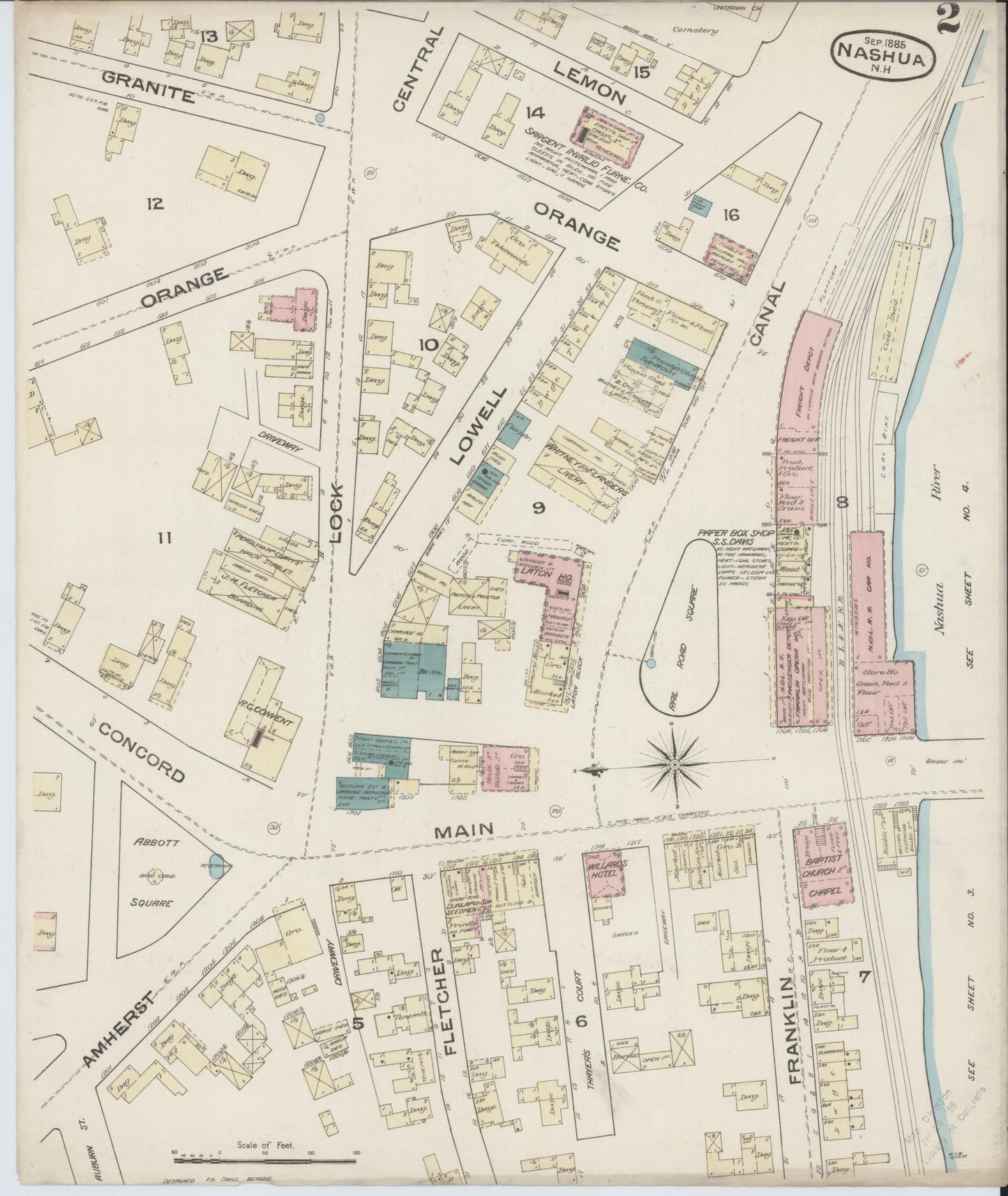 Sanborn Fire Insurance Map from Nashua, Hillsborough County, New Hampshire (1885), Sheet #0002 - Complete Map Set gallery image, historic Sanborn map, vintage wall art, New Hampshire New Hampshire