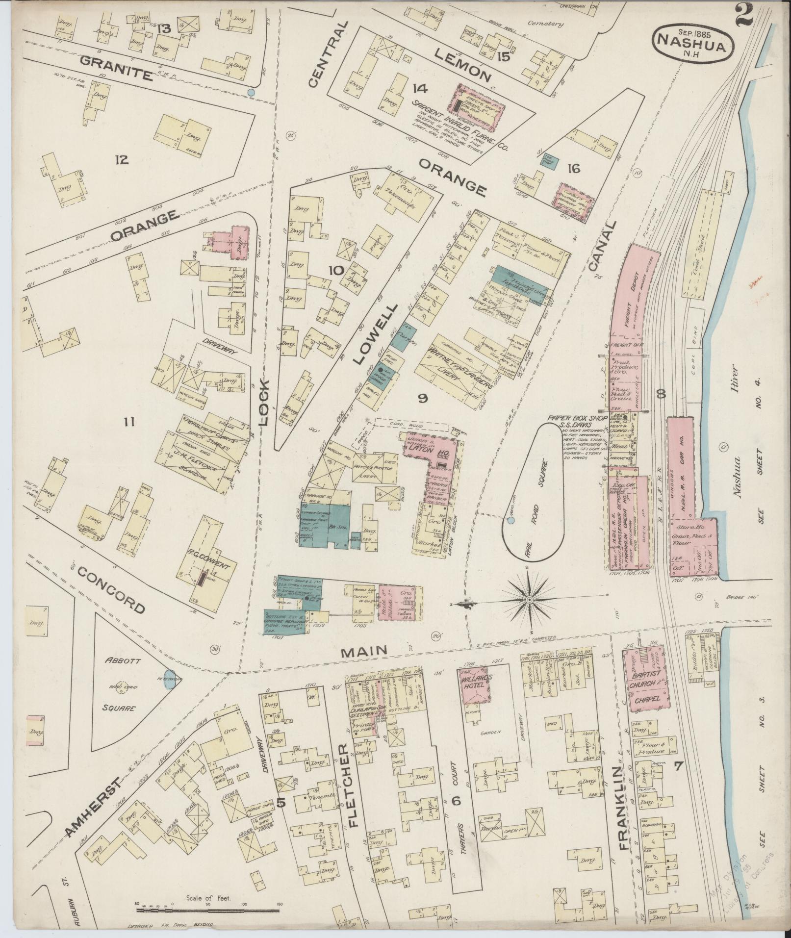 Sanborn Fire Insurance Map from Nashua, Hillsborough County, New Hampshire (1885), Sheet #0002 - Complete Map Set gallery image, historic Sanborn map, vintage wall art, New Hampshire New Hampshire