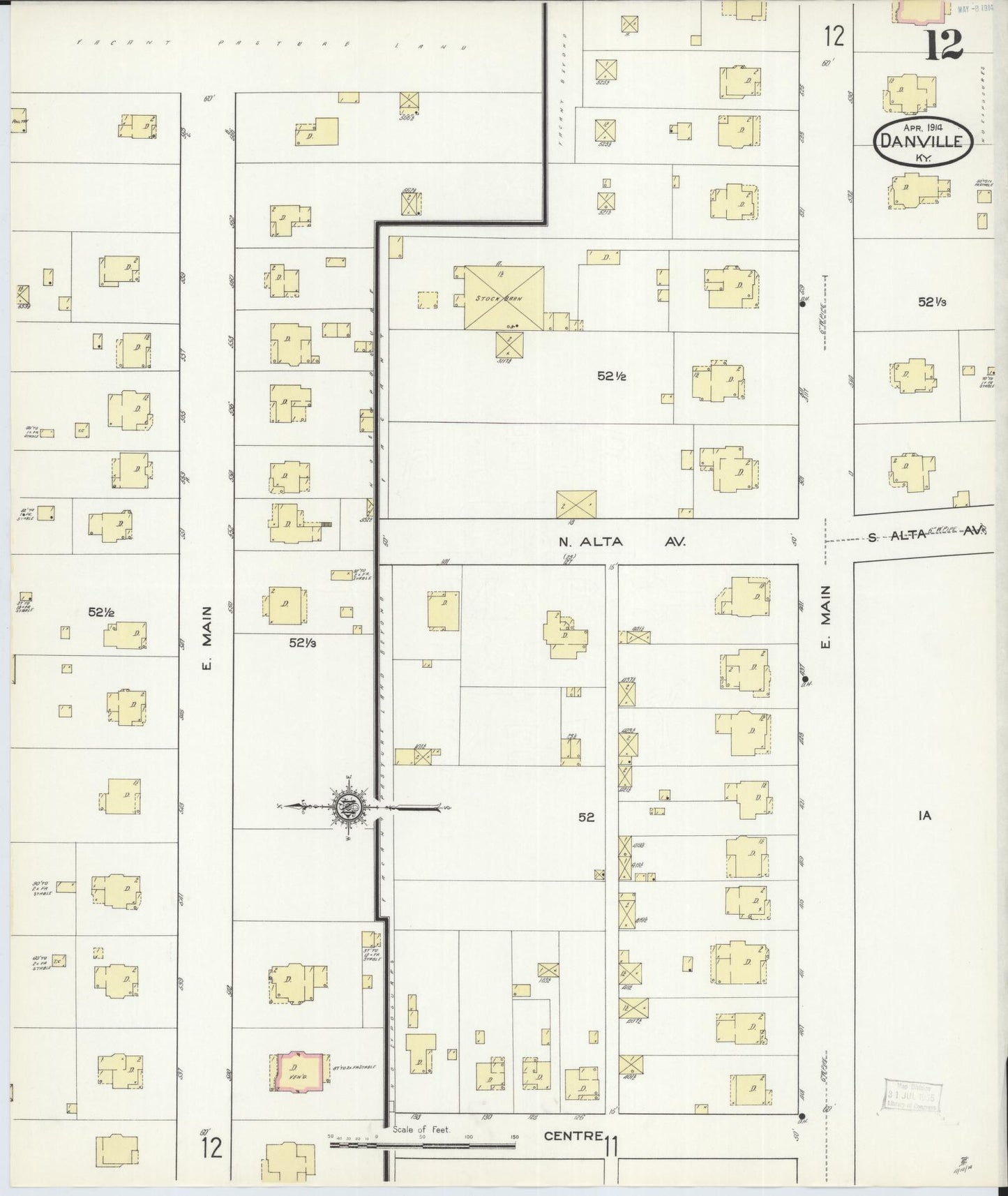 Sanborn Fire Insurance Map from Danville, Boyle County, Kentucky (1914), Sheet #0012 - Historic Sanborn Fire Insurance Map Print, vintage old map wall art, antique decor, genealogy gift, Kentucky Kentucky map