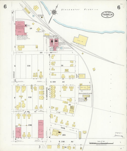 Sanborn Fire Insurance Map from Franklin, Independent Cities, Virginia (1923), Sheet #0006 - Historic Sanborn Fire Insurance Map Print, vintage old map wall art, antique decor, genealogy gift, Virginia Virginia map