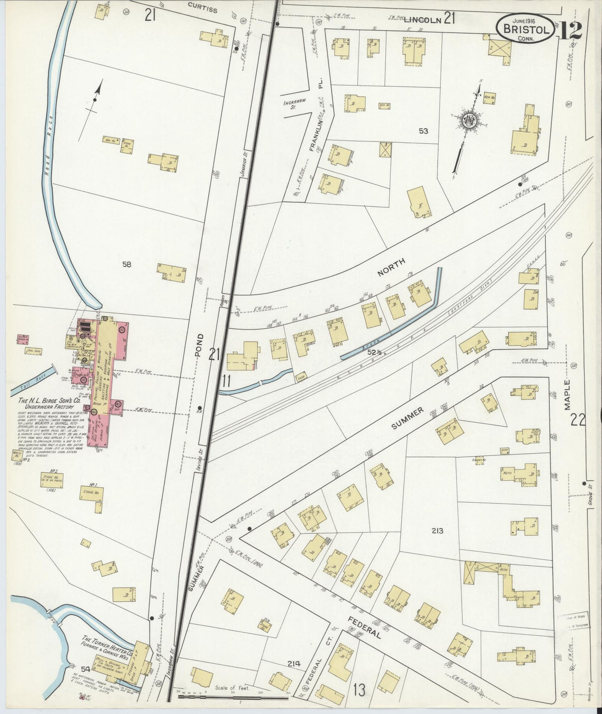 Sanborn Fire Insurance Map from Bristol, Hartford County, Connecticut (1916), Sheet #0012 - Historic Sanborn Fire Insurance Map Print, vintage old map wall art, antique decor, genealogy gift, Connecticut Connecticut map