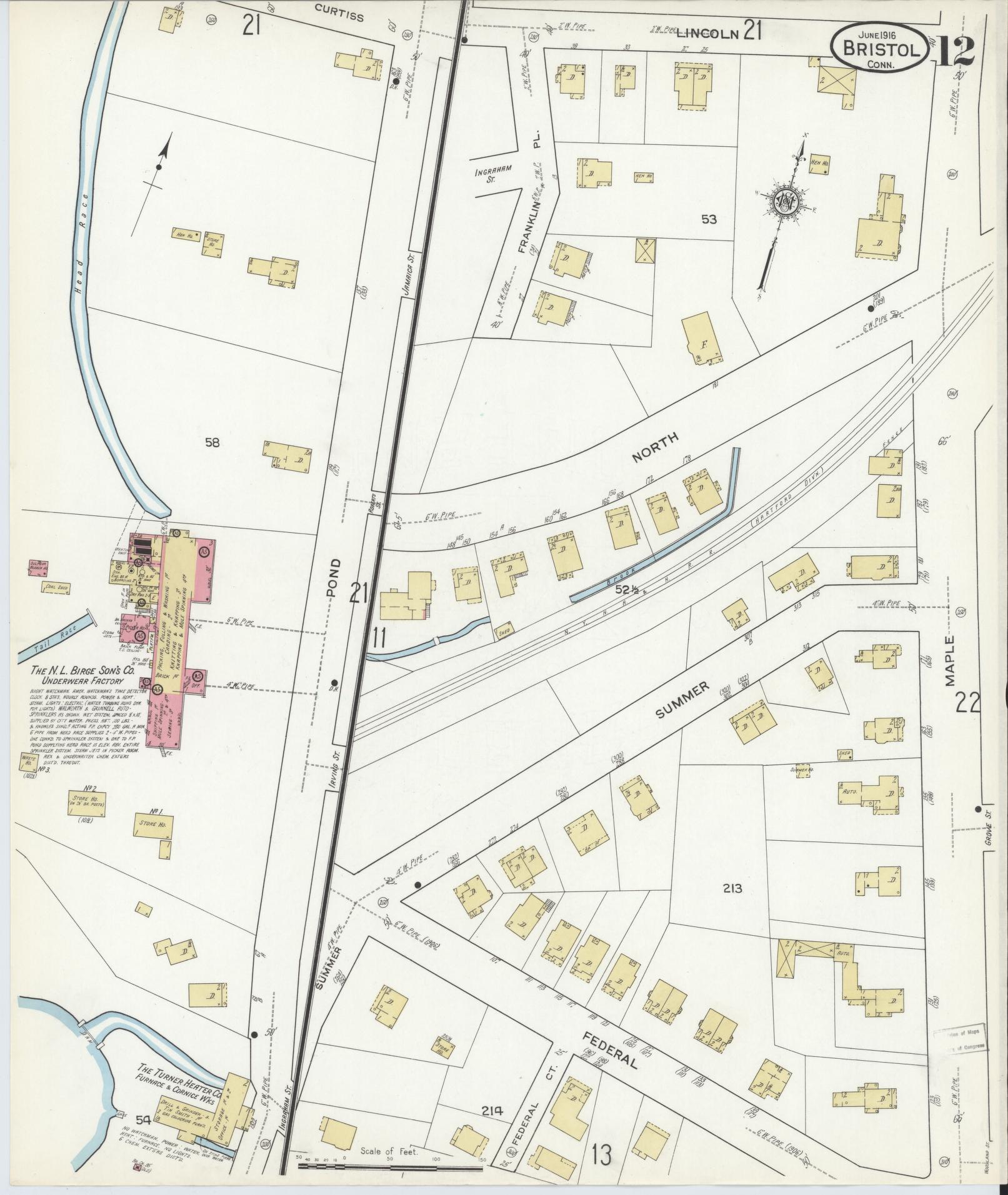 Sanborn Fire Insurance Map from Bristol, Hartford County, Connecticut (1916), Sheet #0012 - Historic Sanborn Fire Insurance Map Print, vintage old map wall art, antique decor, genealogy gift, Connecticut Connecticut map