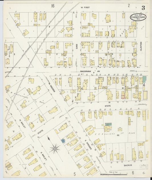 Sanborn Fire Insurance Map from Cheboygan, Cheboygan County, Michigan (1907), Sheet #0003 - Historic Sanborn Fire Insurance Map Print, vintage old map wall art, antique decor, genealogy gift, Michigan Michigan map