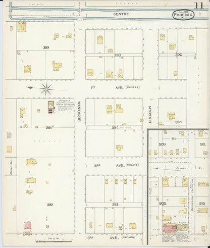 Sanborn Fire Insurance Map from Phoenix, Maricopa County, Arizona (1893), Sheet #0011 - Complete Map Set gallery image, historic Sanborn map, vintage wall art, Arizona Arizona