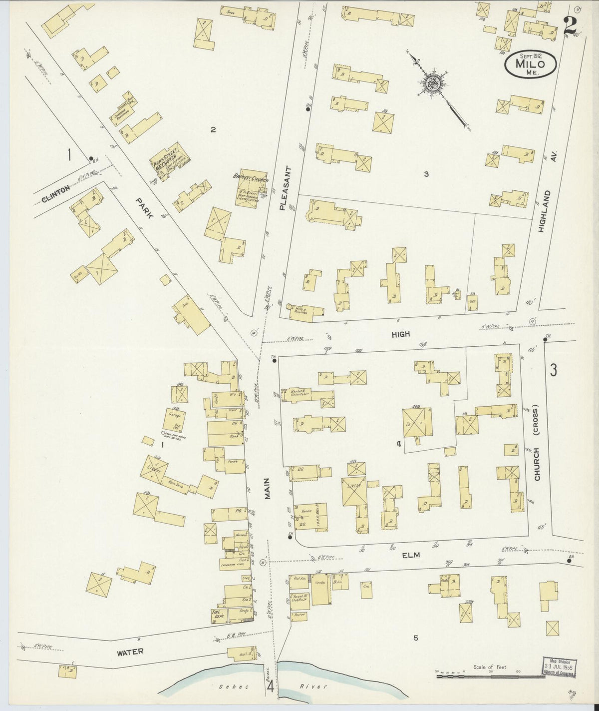 Sanborn Fire Insurance Map from Milo, Piscataquis County, Maine (1912), Sheet #0002 - Historic Sanborn Fire Insurance Map Print, vintage old map wall art, antique decor, genealogy gift, Maine Maine map