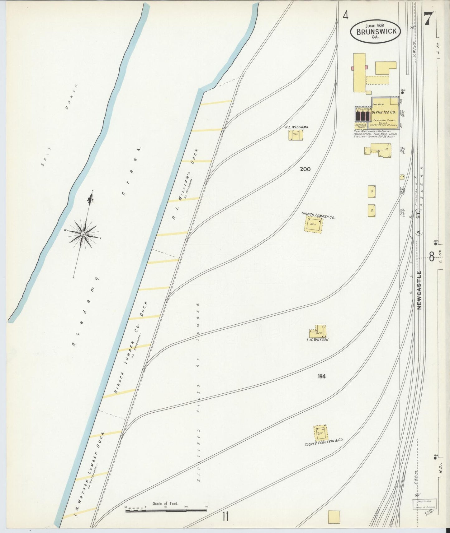 Sanborn Fire Insurance Map from Brunswick, Glynn County, Georgia (1908), Sheet #0007 - Complete Map Set gallery image, historic Sanborn map, vintage wall art, Georgia Georgia