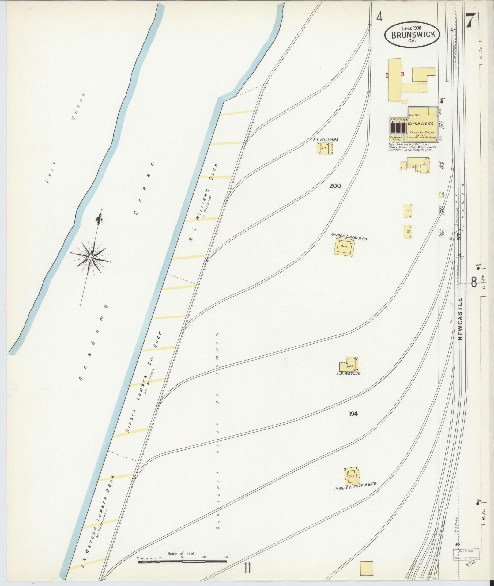 Sanborn Fire Insurance Map from Brunswick, Glynn County, Georgia (1908), Sheet #0007 - Complete Map Set gallery image, historic Sanborn map, vintage wall art, Georgia Georgia