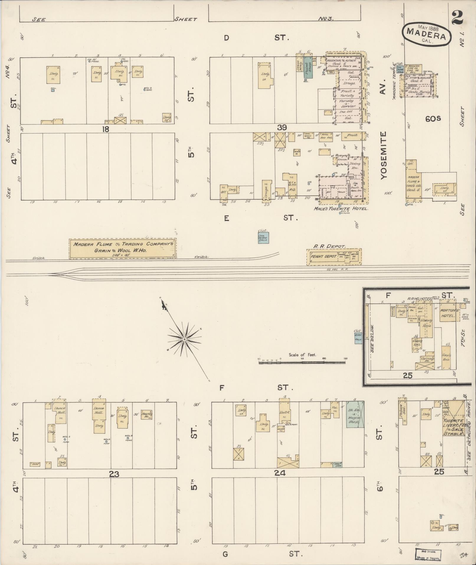 Sanborn Fire Insurance Map from Madera, Madera County, California (1888), Sheet #0002 - Historic Sanborn Fire Insurance Map Print, vintage old map wall art, antique decor, genealogy gift, California California map