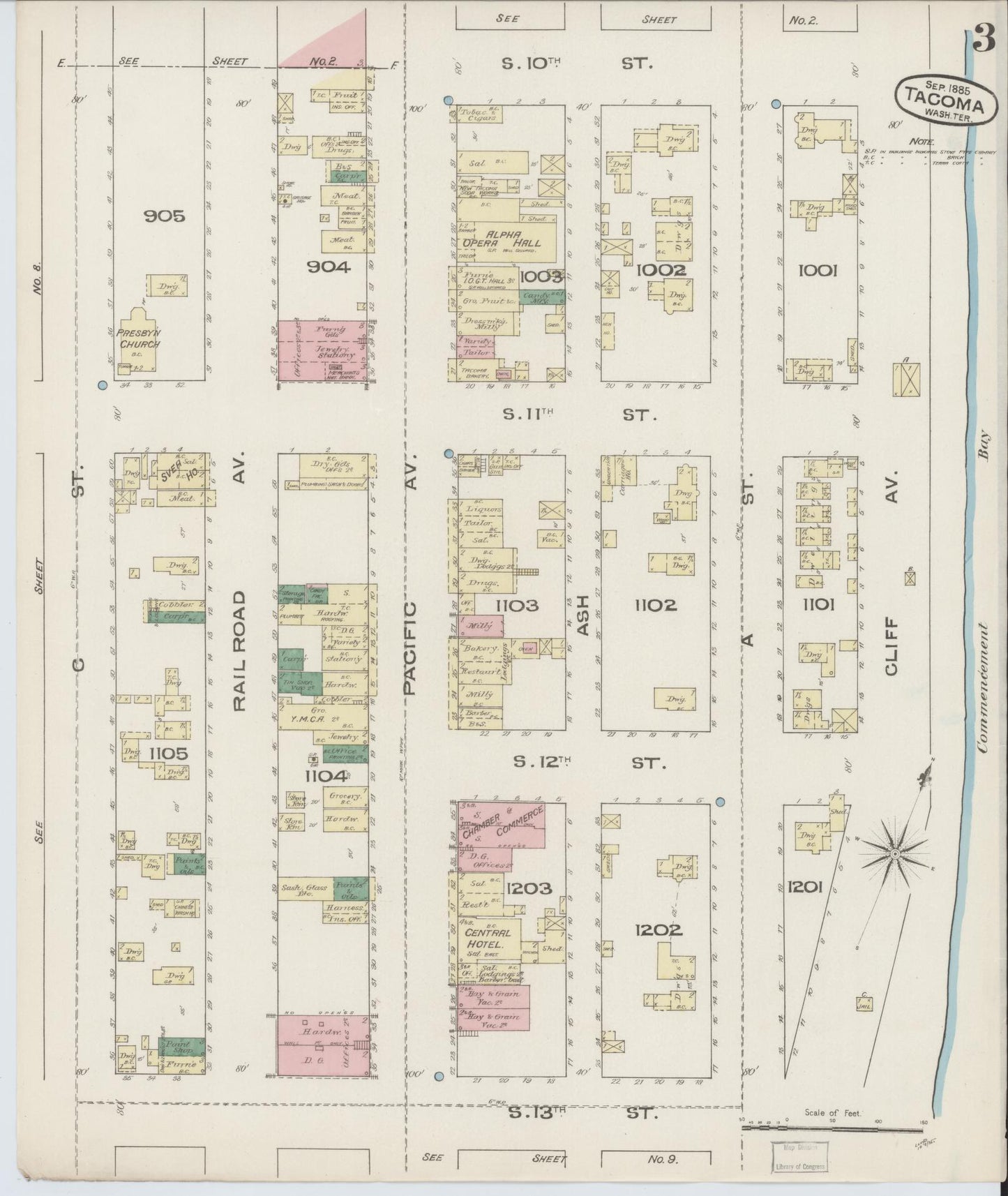 Sanborn Fire Insurance Map from Tacoma, Pierce County, Washington (1885), Sheet #0003 - Complete Map Set gallery image, historic Sanborn map, vintage wall art, Washington Washington