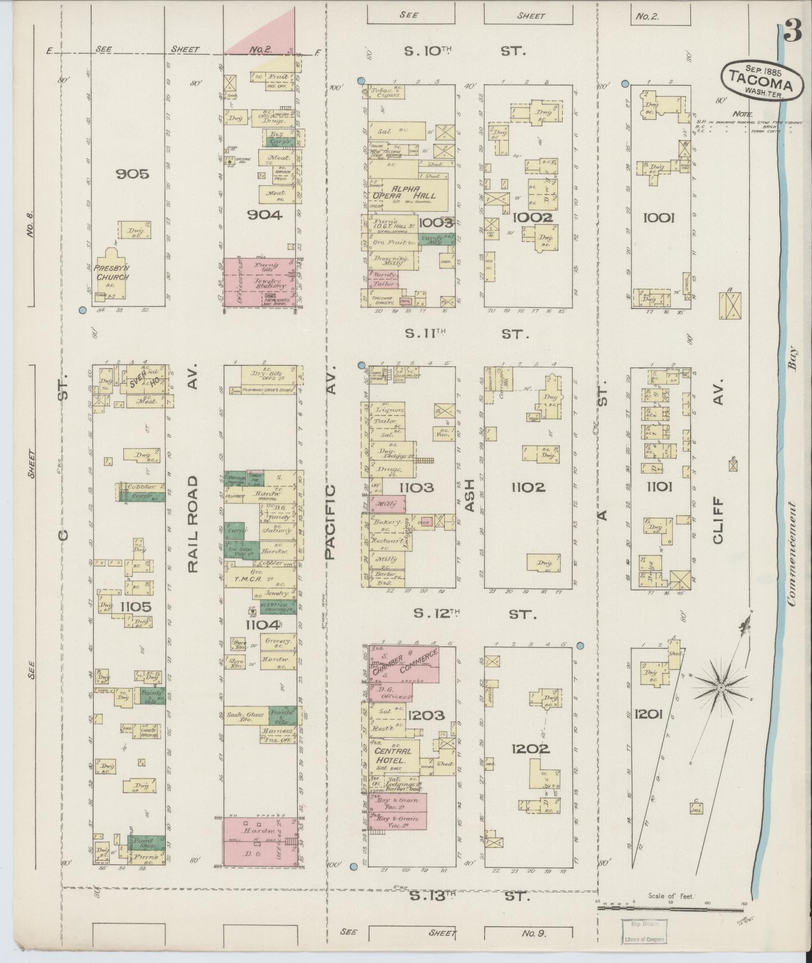 Sanborn Fire Insurance Map from Tacoma, Pierce County, Washington (1885), Sheet #0003 - Complete Map Set gallery image, historic Sanborn map, vintage wall art, Washington Washington