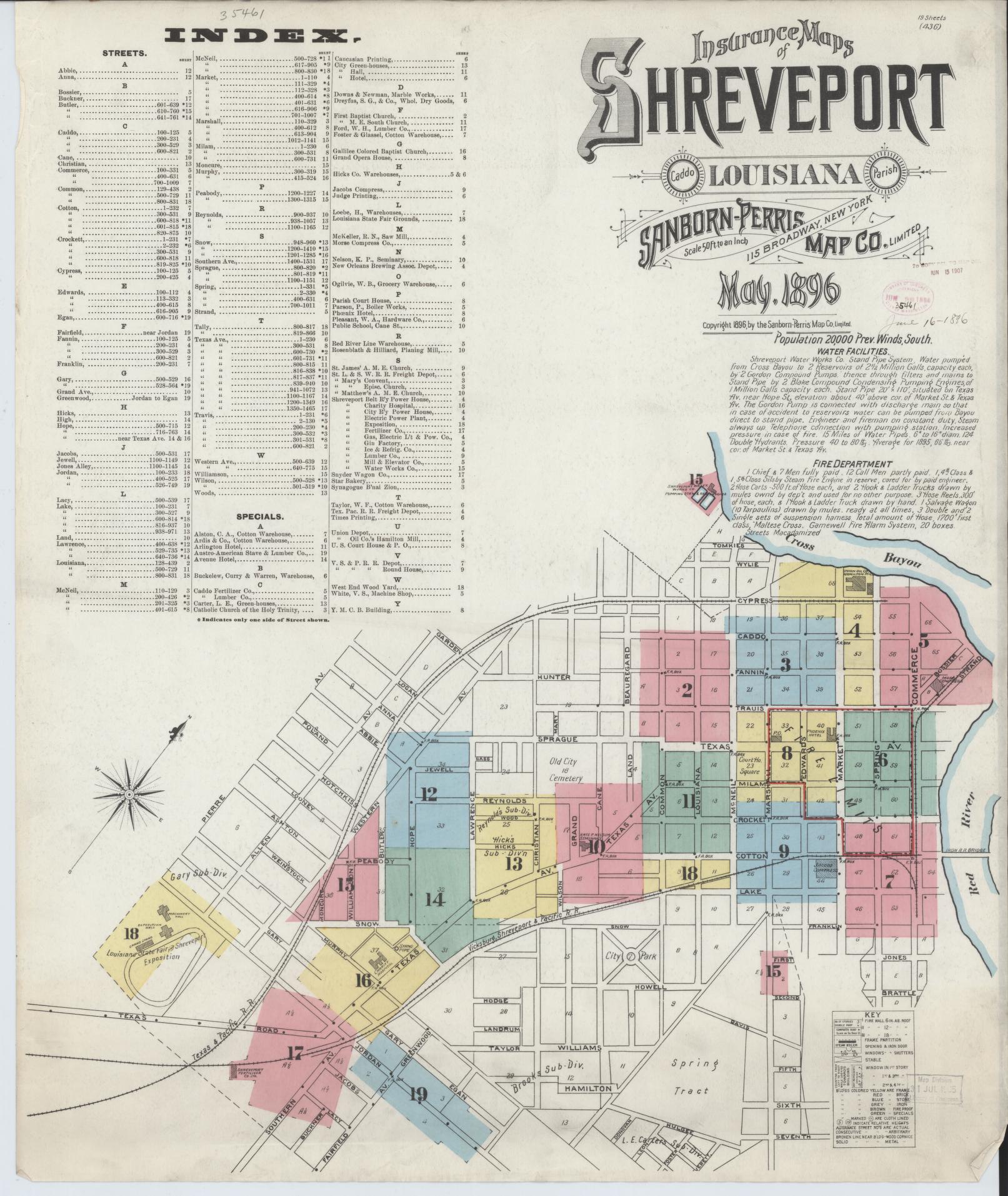 Sanborn Fire Insurance Map from Shreveport, Caddo Parish, Louisiana (1896), Sheet #0001 - Historic Sanborn Fire Insurance Map Print, vintage old map wall art, antique decor, genealogy gift, Louisiana Louisiana map