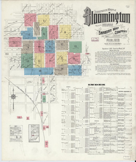 Sanborn Fire Insurance Map from Bloomington, Monroe County, Indiana (1913), Sheet #0001 - Historic Sanborn Fire Insurance Map Print, vintage old map wall art, antique decor, genealogy gift, Indiana Indiana map