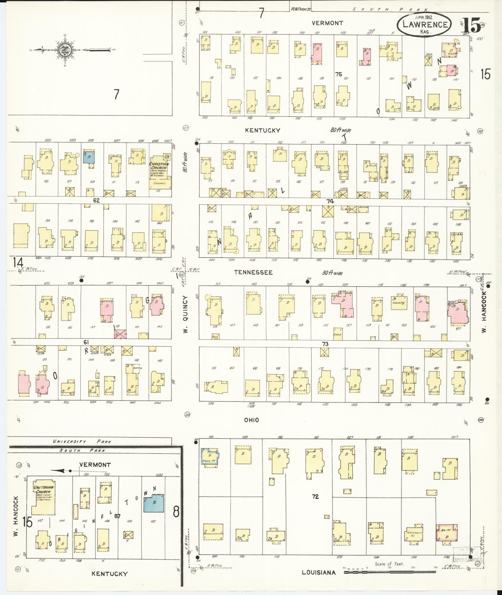 Sanborn Fire Insurance Map from Lawrence, Douglas County, Kansas (1912), Sheet #0015 - Historic Sanborn Fire Insurance Map Print, vintage old map wall art, antique decor, genealogy gift, Kansas Kansas map