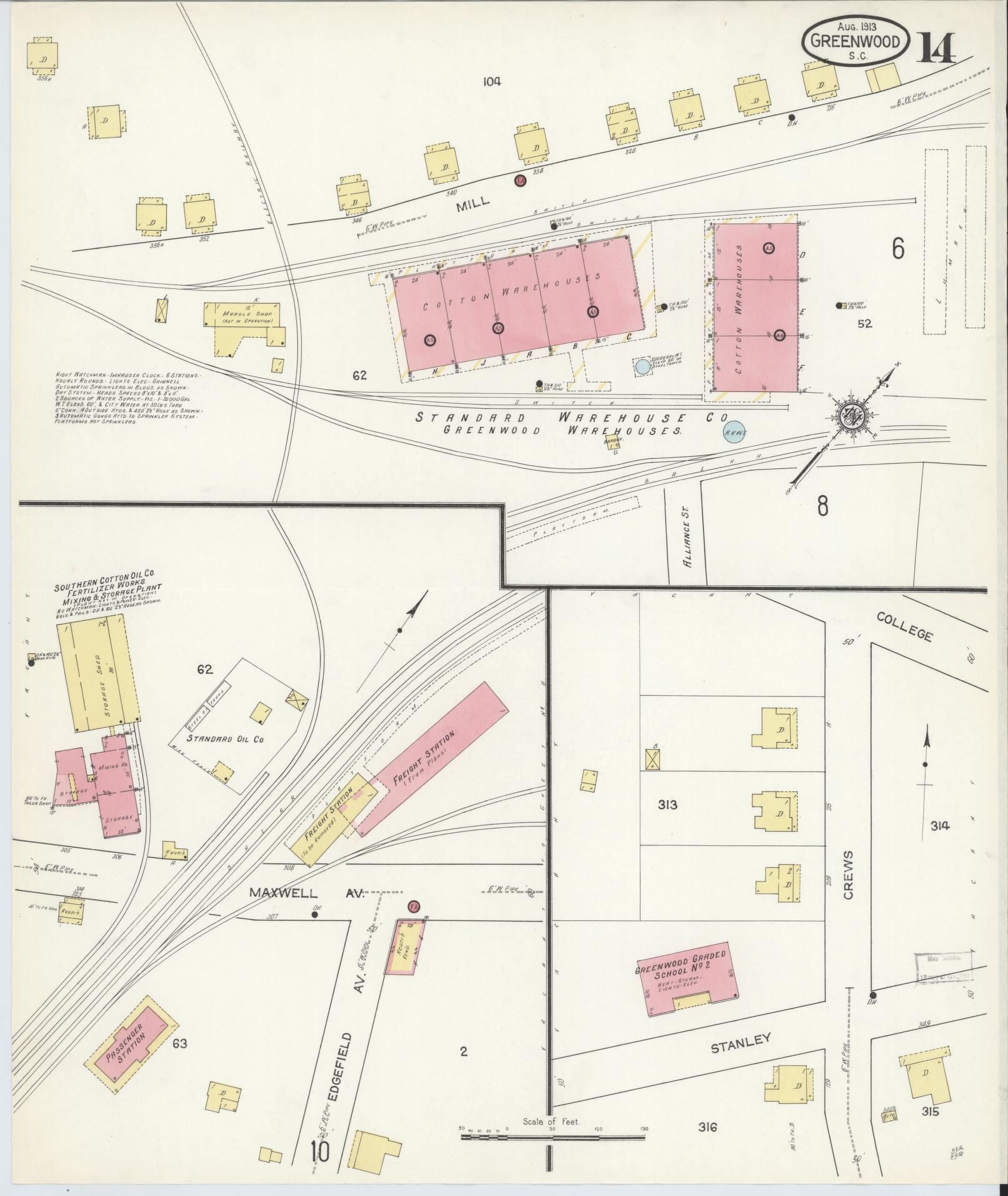 Sanborn Fire Insurance Map from Greenwood, Greenwood County, South Carolina (1913), Sheet #0014 - Historic Sanborn Fire Insurance Map Print, vintage old map wall art, antique decor, genealogy gift, South Carolina South Carolina map