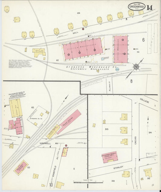 Sanborn Fire Insurance Map from Greenwood, Greenwood County, South Carolina (1913), Sheet #0014 - Historic Sanborn Fire Insurance Map Print, vintage old map wall art, antique decor, genealogy gift, South Carolina South Carolina map
