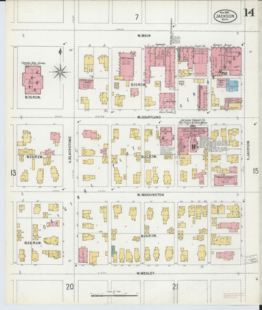 Sanborn Fire Insurance Map from Jackson, Jackson County, Michigan (1899), Sheet #0014 - Historic Sanborn Fire Insurance Map Print, vintage old map wall art, antique decor, genealogy gift, Michigan Michigan map
