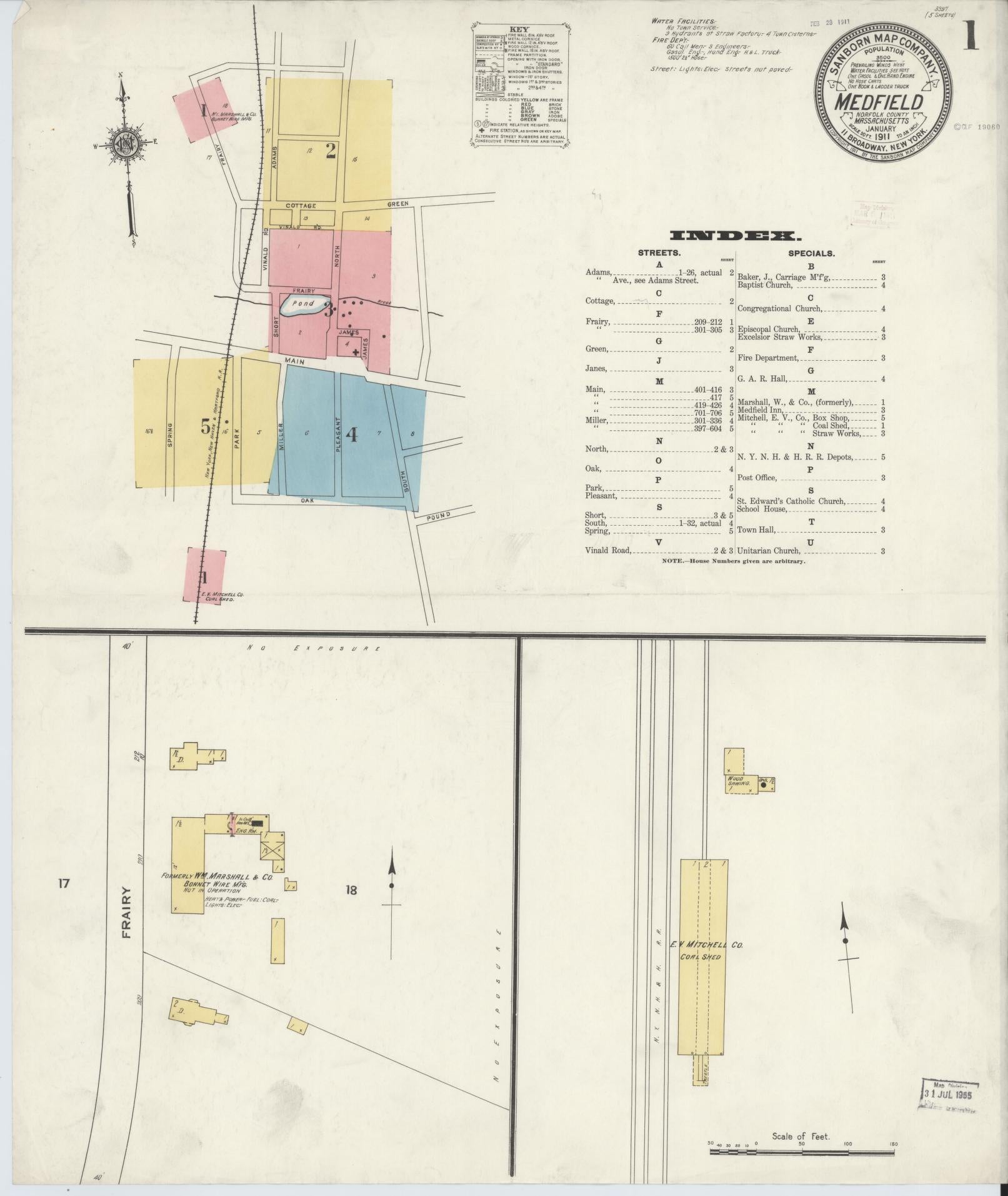 Sanborn Fire Insurance Map from Medfield, Norfolk County, Massachusetts (1911), Sheet #0001 - Complete Map Set gallery image, historic Sanborn map, vintage wall art, Massachusetts Massachusetts