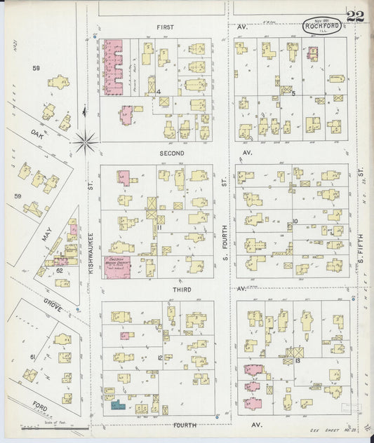 Sanborn Fire Insurance Map from Rockford, Winnebago County, Illinois (1891), Sheet #0022 - Historic Sanborn Fire Insurance Map Print, vintage old map wall art, antique decor, genealogy gift, Illinois Illinois map