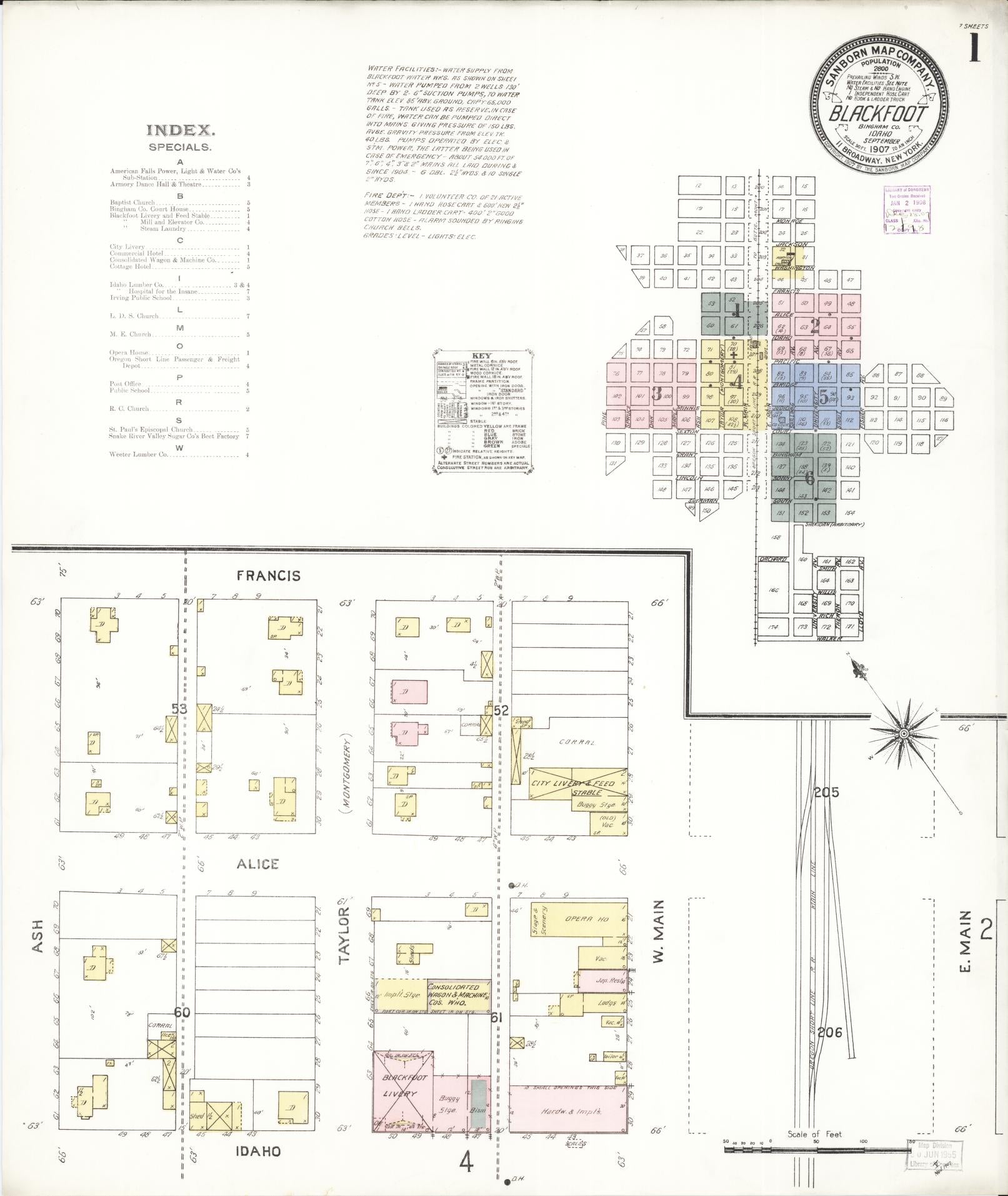 Sanborn Fire Insurance Map from Blackfoot, Bingham County, Idaho (1907), Sheet #0001 - Complete Map Set gallery image, historic Sanborn map, vintage wall art, Idaho Idaho