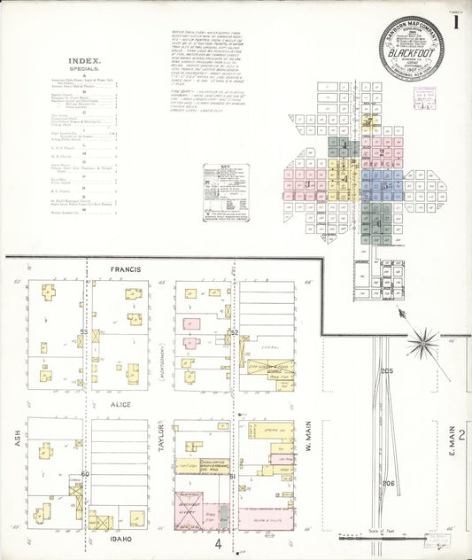 Sanborn Fire Insurance Map from Blackfoot, Bingham County, Idaho (1907), Sheet #0001 - Complete Map Set gallery image, historic Sanborn map, vintage wall art, Idaho Idaho