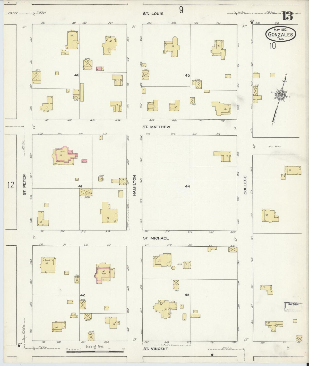 Sanborn Fire Insurance Map from Gonzales, Gonzales County, Texas (1912), Sheet #0013 - Historic Sanborn Fire Insurance Map Print, vintage old map wall art, antique decor, genealogy gift, Texas Texas map