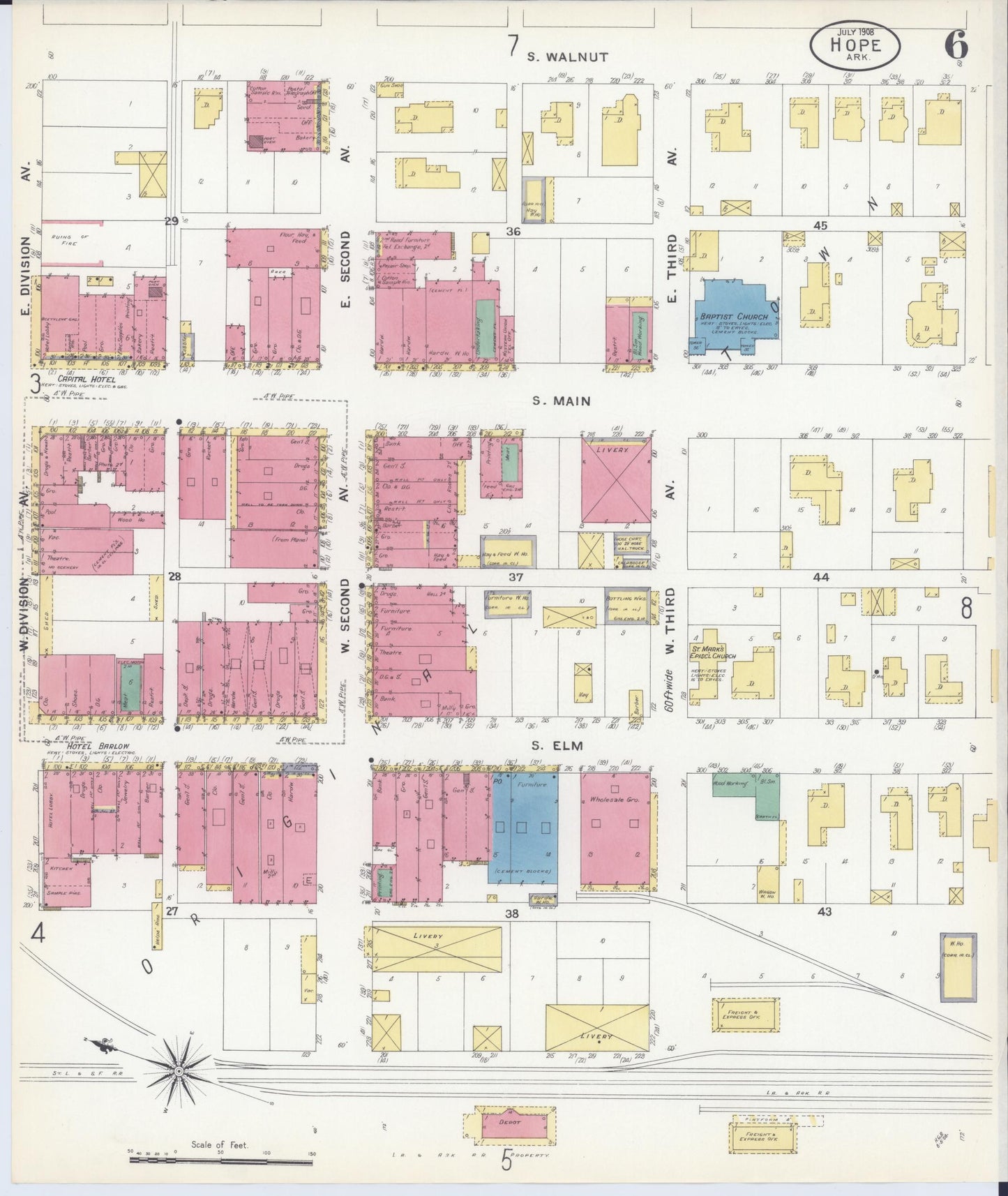 Sanborn Fire Insurance Map from Hope, Hempstead County, Arkansas (1908), Sheet #0006 - Complete Map Set gallery image, historic Sanborn map, vintage wall art, Arkansas Arkansas