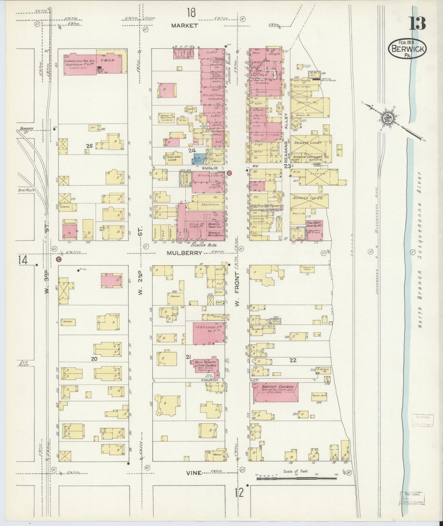 Sanborn Fire Insurance Map from Berwick, Columbia County, Pennsylvania (1913), Sheet #0013 - Historic Sanborn Fire Insurance Map Print, vintage old map wall art, antique decor, genealogy gift, Pennsylvania Pennsylvania map