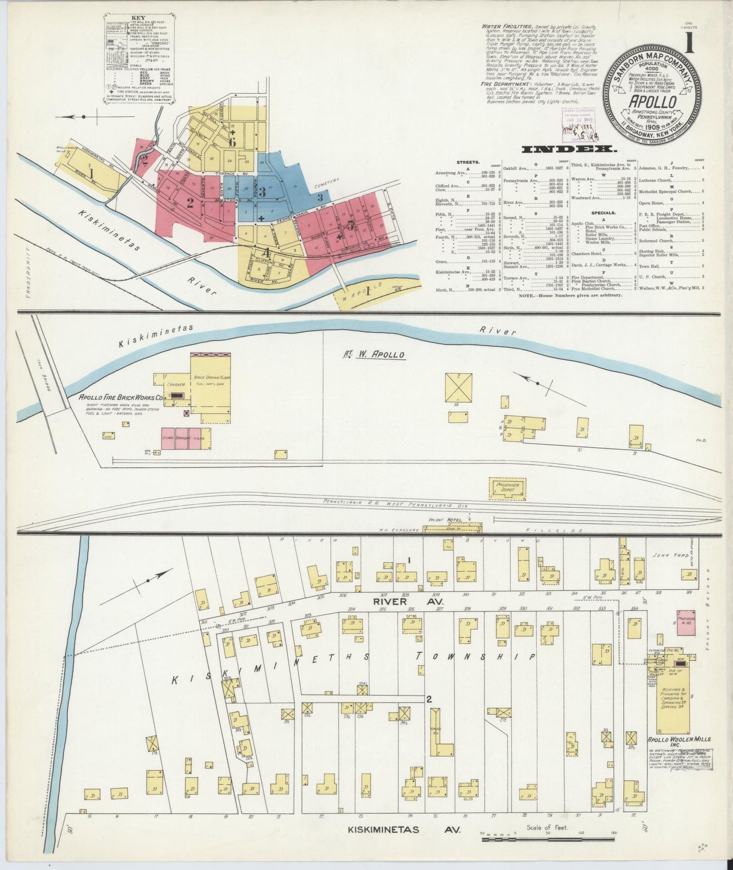 Sanborn Fire Insurance Map from Apollo, Armstrong County, Pennsylvania (1909), Sheet #0001 - Historic Sanborn Fire Insurance Map Print, vintage old map wall art, antique decor, genealogy gift, Pennsylvania Pennsylvania map