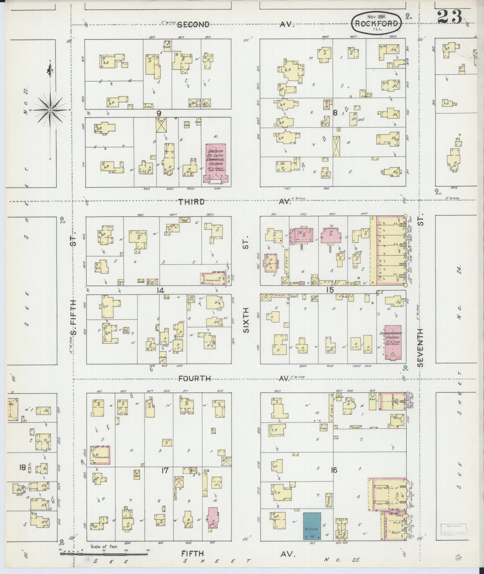 Sanborn Fire Insurance Map from Rockford, Winnebago County, Illinois (1891), Sheet #0023 - Complete Map Set gallery image, historic Sanborn map, vintage wall art, Illinois Illinois