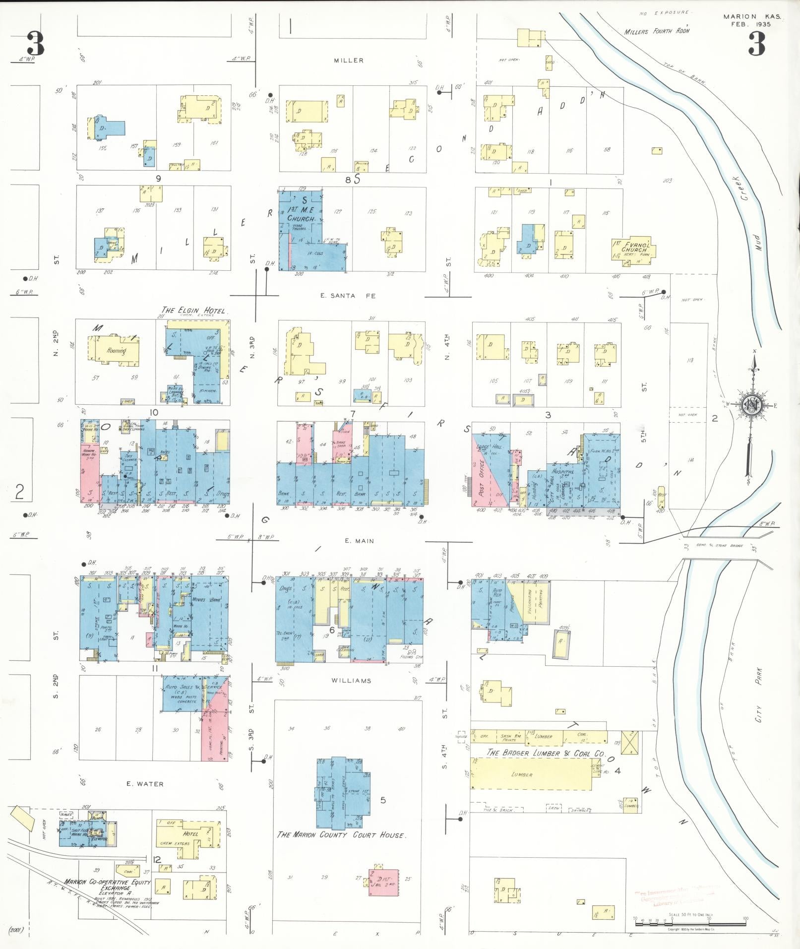Sanborn Fire Insurance Map from Marion, Marion County, Kansas (1935), Sheet #0003 - Historic Sanborn Fire Insurance Map Print, vintage old map wall art, antique decor, genealogy gift, Kansas Kansas map