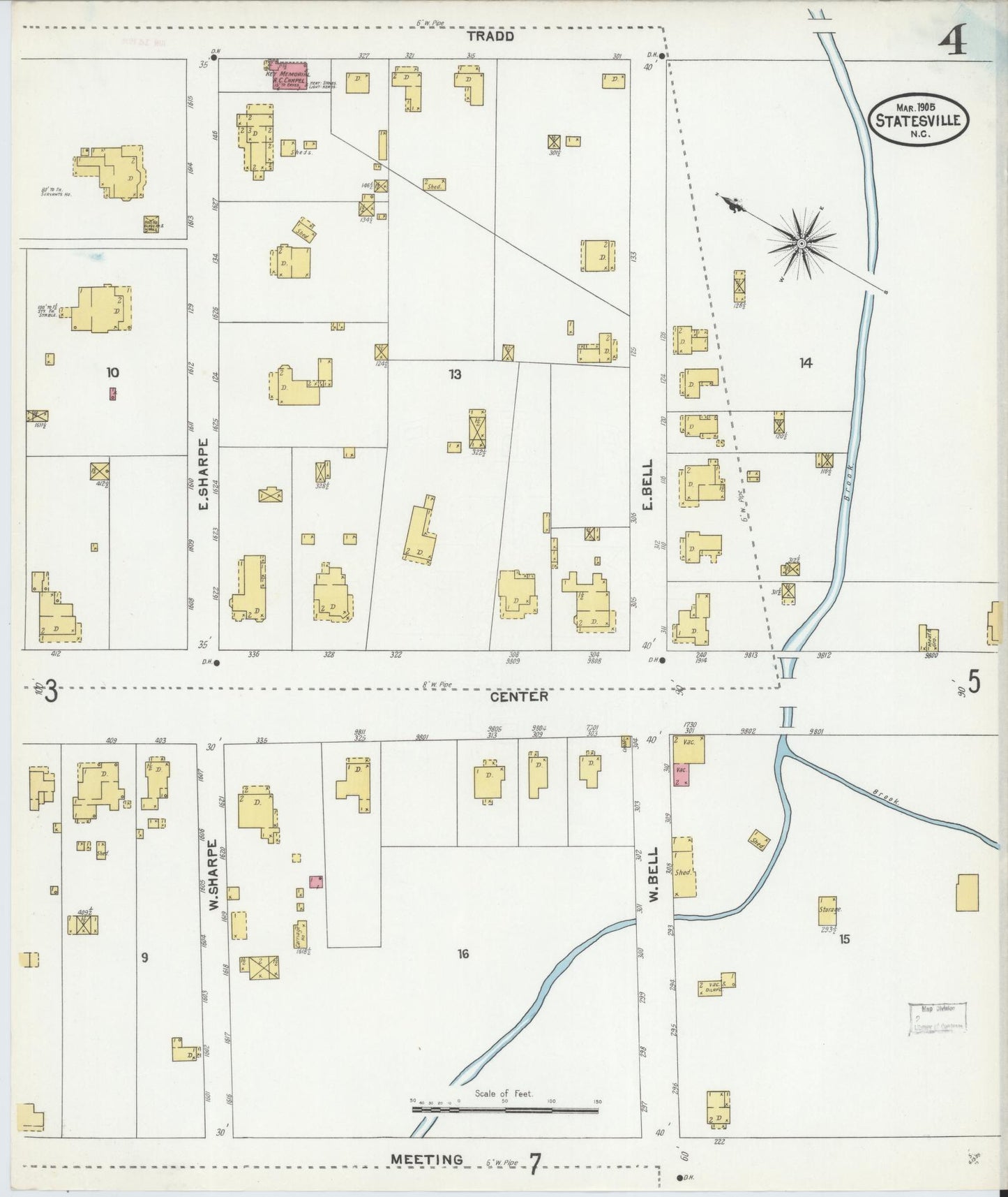 Sanborn Fire Insurance Map from Statesville, Iredell County, North Carolina (1905), Sheet #0004 - Historic Sanborn Fire Insurance Map Print, vintage old map wall art, antique decor, genealogy gift, North Carolina North Carolina map