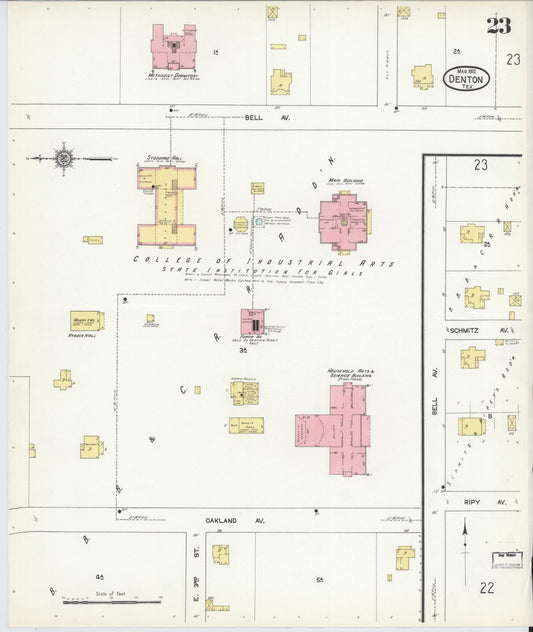 Sanborn Fire Insurance Map from Denton, Denton County, Texas (1912), Sheet #0023 - Historic Sanborn Fire Insurance Map Print, vintage old map wall art, antique decor, genealogy gift, Texas Texas map