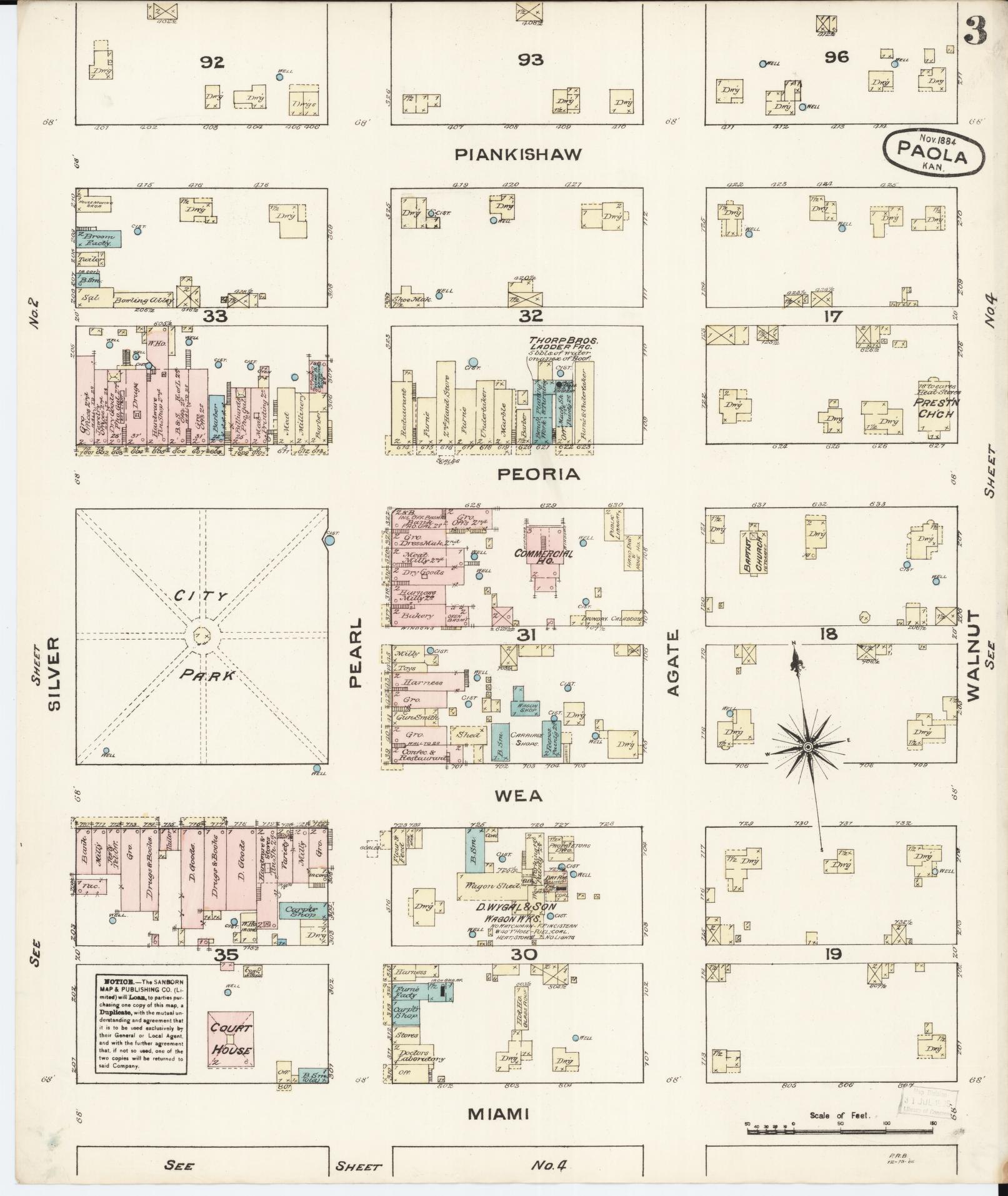 Sanborn Fire Insurance Map from Paola, Miami County, Kansas (1884), Sheet #0003 - Historic Sanborn Fire Insurance Map Print, vintage old map wall art, antique decor, genealogy gift, Kansas Kansas map