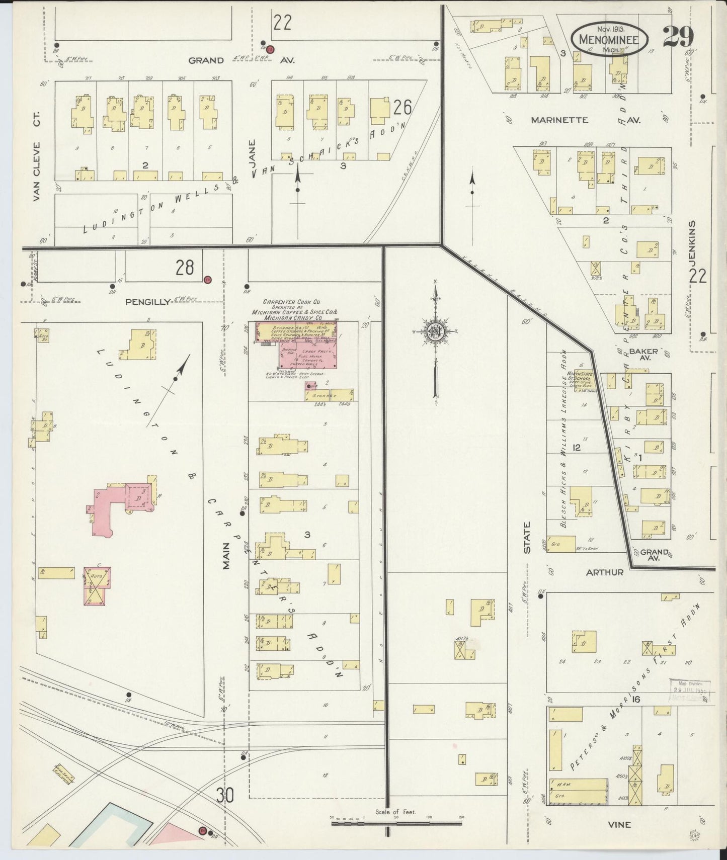 Sanborn Fire Insurance Map from Menominee, Menominee County, Michigan (1913), Sheet #0029 - Complete Map Set gallery image, historic Sanborn map, vintage wall art, Michigan Michigan
